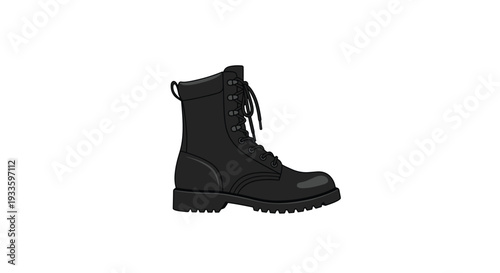 A single black combat boot with visible laces and a thick lug sole stands upright on a plain white background.