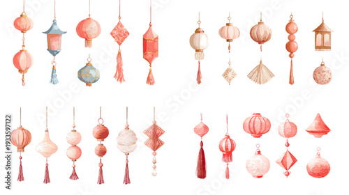 Watercolor hanging lantern collection in red and pink tones, traditional Asian festival decorations isolated on white, perfect for Lunar New Year, Mid Autumn, and party design.