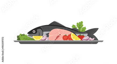 A whole grey fish and a salmon steak are arranged with lemon, red onion, and herbs on a grey rectangular serving tray.