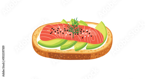 A single piece of toasted bread topped with cream cheese, sliced avocado, and a salmon fillet is presented on a plain white surface.