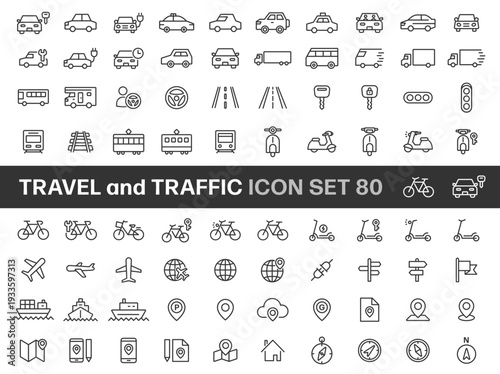 Vehicles, Transportation and Travel Line Art Icon Set (80 Items)