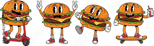 Cartoon burger mascot character, fast food illustration, cute hamburger skating, scootering, running, drinking soda, isolated on white background vector set