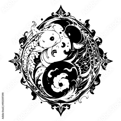 Ornamental Koi Fish Yin Yang Black and White Vector Design 2