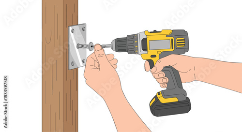 Two human hands operate a yellow and black cordless drill, driving a silver screw through a metal plate into a vertical wooden post.