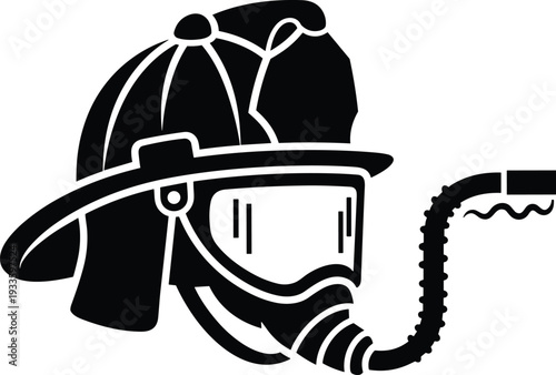 Black and white silhouette of a professional firefighter helmet with protective visor and oxygen breathing apparatus mask for fire rescue and emergency safety services