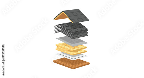 An exploded isometric view displays multiple layers of a roof structure, including wooden decking, insulation, and grey shingles, on a white background.