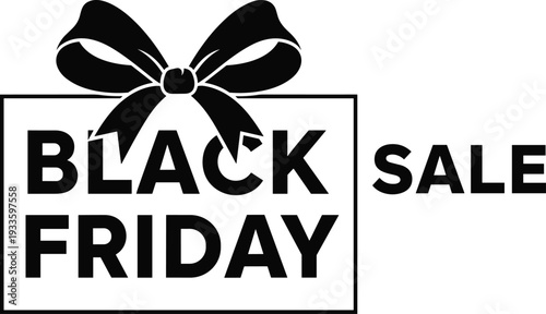 Black Friday Sale typographic label with elegant bow and gift tag silhouette isolated on white background for seasonal retail promotional vector marketing designs.