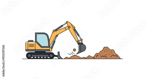 A yellow mini-excavator with black tracks is actively digging into a small pile of brown soil on a clean white background.