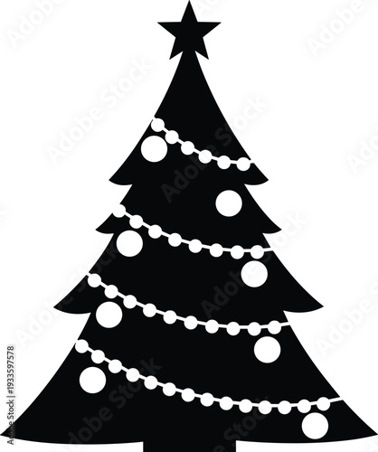 Black silhouette of a decorated Christmas tree with star topper and ornament garlands isolated on white background for holiday seasonal vector design projects.