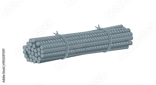 A tightly bound bundle of numerous ribbed steel rebar rods is secured with wire ties, forming a compact cylindrical shape.