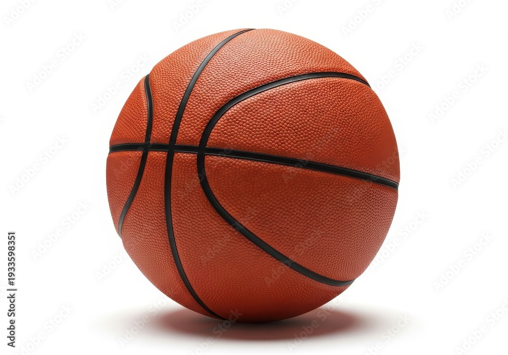 Fototapeta premium Orange basketball with black seams resting on a white surface against a bright background