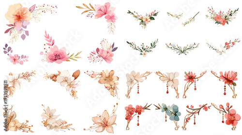 Watercolor floral divider set with delicate blossoms, leaves and branches, hand painted decorative borders and corner elements isolated on white background for cards