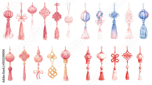 Chinese New Year hanging lantern and knot ornament set with tassels, red paper decorations and lucky charms arranged in rows, isolated on white background