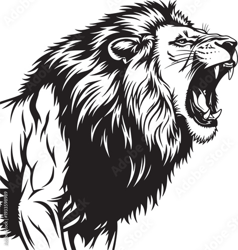 Vector illustration of a roaring lion head in black and white