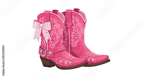 A pair of elaborately decorated pink cowboy boots, one with a lace bow and horseshoe buckle, stands upright on a pristine white background.
