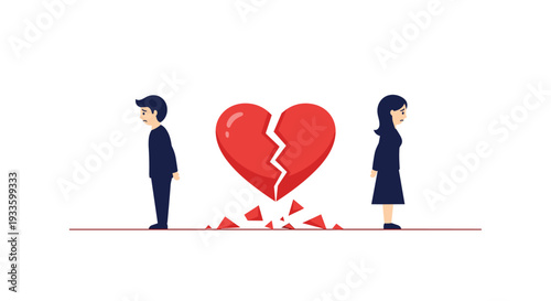 Two sad, dark-suited figures stand back-to-back on a line, separated by a large, shattered red heart with fragments on a white background.