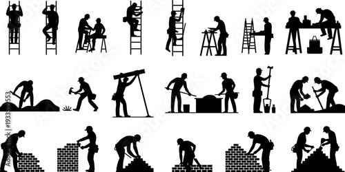 Construction worker silhouettes set, builders using tools ladders bricks and equipment in various poses, black labor figures isolated on light background illustration