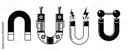 Physics magnetism icons set with horseshoe magnet types and magnetic field line