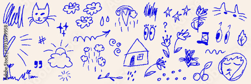 Hand drawn doodle asset pack. Charcoal crayon scribble shape and elements. Kid drawing naive vector collection