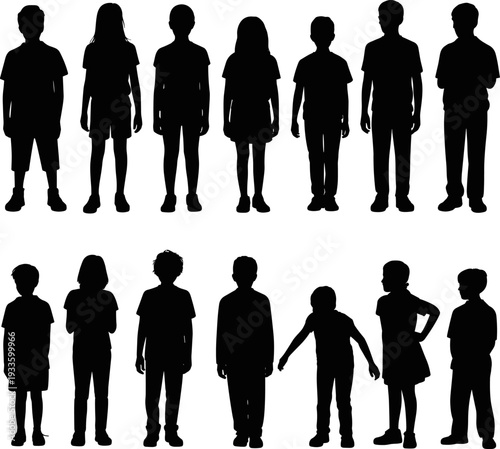 Children silhouettes set with boys and girls standing in different poses, black isolated kid figures collection for education and design projects