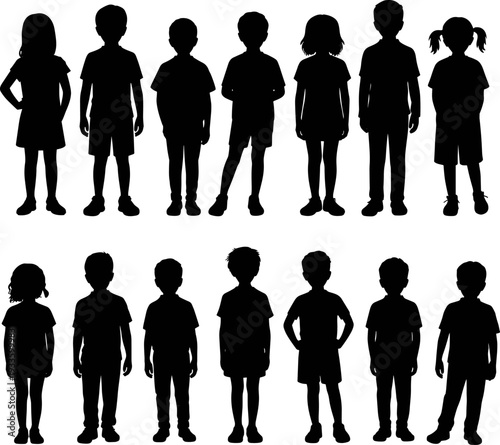 Children silhouettes collection with boys and girls standing poses, black isolated kid figures set for design, education and diversity concept