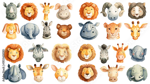 Cute watercolor animal face set with lions, giraffes, elephants and other safari mascots, round hand painted character portraits isolated on white background