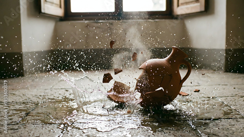  shattered clay water jug on a stone floor
