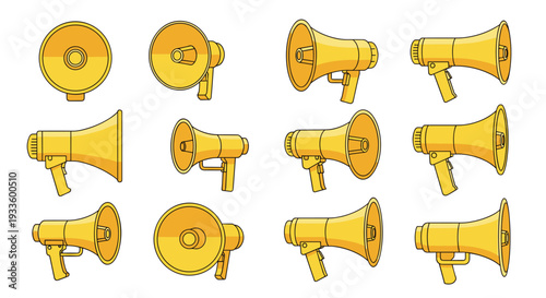 A comprehensive set of twelve identical golden megaphones, meticulously depicted from various angles and perspectives, is uniformly arranged in three rows on a pristine white background.