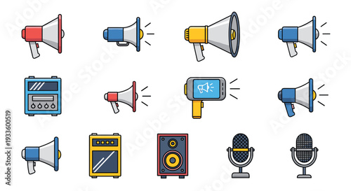 A vibrant collection of twelve distinct communication devices, featuring various colored megaphones, amplifiers, and microphones, is neatly arranged in three rows on a clean white background.