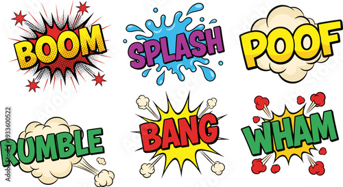 Comic sound effects boom splash bang vector illustration pop art explosion text collection design elements set