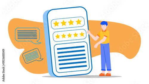 A person pointing at a mobile interface showing star ratings and user feedback comments with a warm orange background