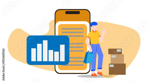 A business owner carrying a shopping bag next to a giant smartphone showing inventory levels and warehouse boxes