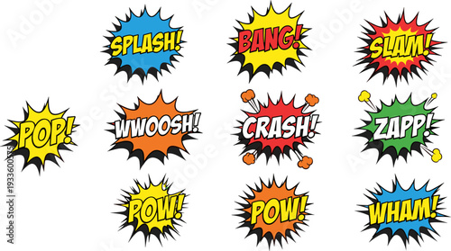 Comic sound effects splash bang crash pop vector illustration pop art explosion text collection design elements