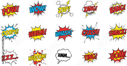 Comic book sound effects collection pop art style vector illustration set colorful explosion speech bubbles retro design background graphic pack