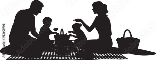 Black silhouette family having picnic on blanket with basket