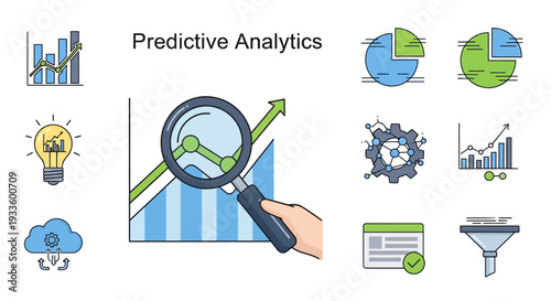 Predictive analytics icon set collection in flat style. Icon pack contains forecast, model, algorithm, trends, data, insights, pattern, analytics, future
