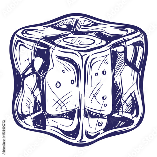 Hand drawn illustration of a single ice cube in dark blue lines on white background