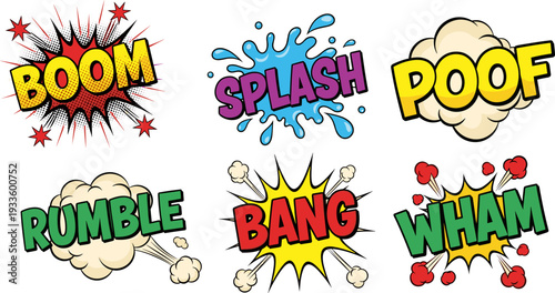 Comic sound effect collection boom splash poof bang rumble wham cartoon explosion speech bubble vector illustration set