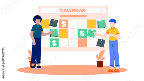 Two colleagues managing financial tasks using a large calendar board with sticky notes and dollar signs