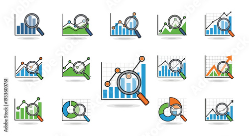 Predictive analytics icon set collection in flat style. Icon pack contains forecast, model, algorithm, trends, data, insights, pattern, analytics, future