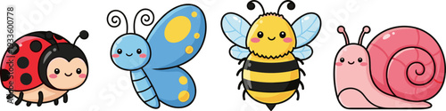 cute cartoon insect collection, ladybug butterfly bee snail characters, colorful vector illustration, kids mascot design, isolated set