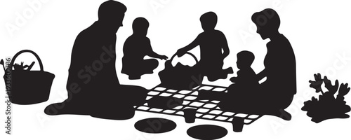 Black silhouette family having picnic on blanket with food and basket