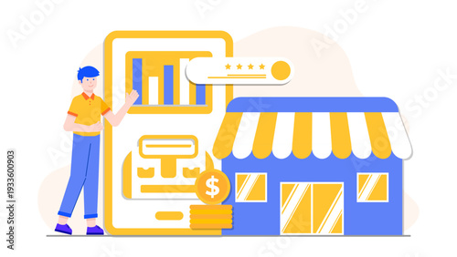 A business owner standing next to a shop building and using a giant smartphone to manage stock and sales