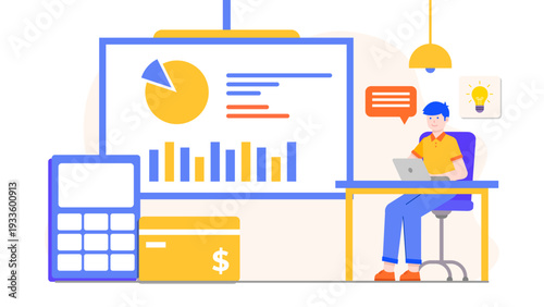 A finance specialist working at a desk with a large calculator and credit card icon to process monthly reports