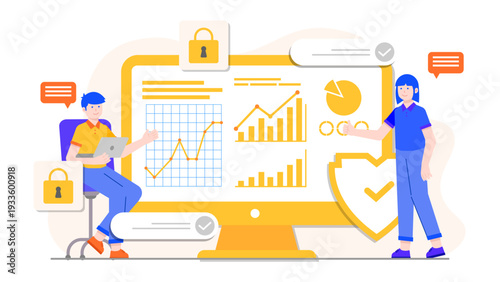 IT professionals monitoring digital security systems and data encryption on a large computer screen with shield icons