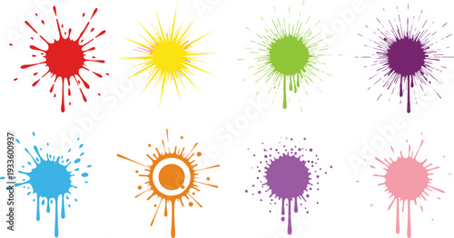 Colorful ink splatter set, paint splash stains collection, abstract liquid blots illustration, isolated vector, artistic grunge design element bundle