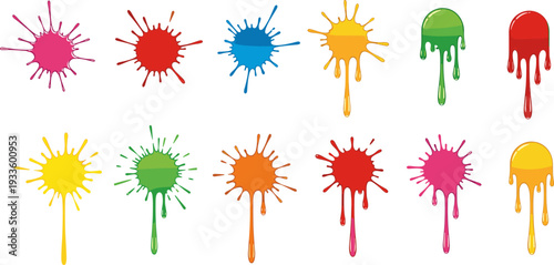 Colorful paint splatter and drip set, ink splash collection, abstract liquid stains illustration, isolated vector, artistic design element bundle