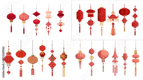 Chinese New Year lantern set with red hanging paper lanterns and tassels, traditional festive decorations arranged in rows, isolated on white background for holiday design