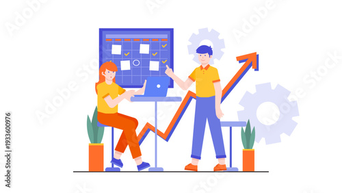 Team members collaborating on a productivity schedule with gear icons and a rising growth arrow in the background