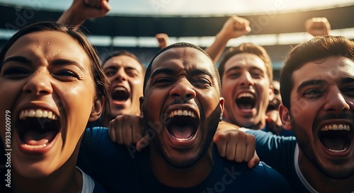 Diverse sports fans cheer passionately with open mouths at stadium. Diverse fans celebrating football match in 2026 soccer world championship.